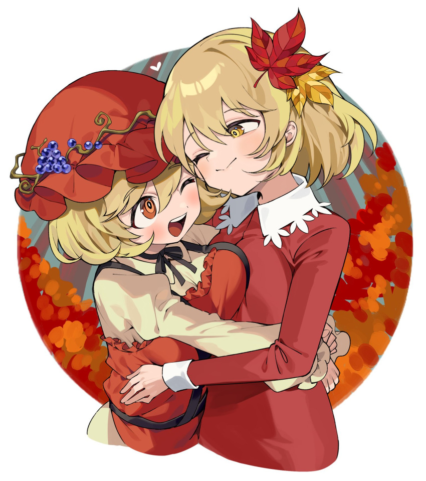 2girls aki_minoriko aki_shizuha apron blonde_hair breasts closed_mouth collared_shirt commentary fruit_hat_ornament grape_hat_ornament hair_between_eyes hair_ornament hat hat_ornament heart highres iroyopon large_breasts leaf_hair_ornament long_sleeves mob_cap multiple_girls one_eye_closed open_mouth red_apron red_eyes red_headwear red_shirt shirt short_hair siblings sisters small_breasts smile symbol-only_commentary touhou yellow_eyes yellow_shirt