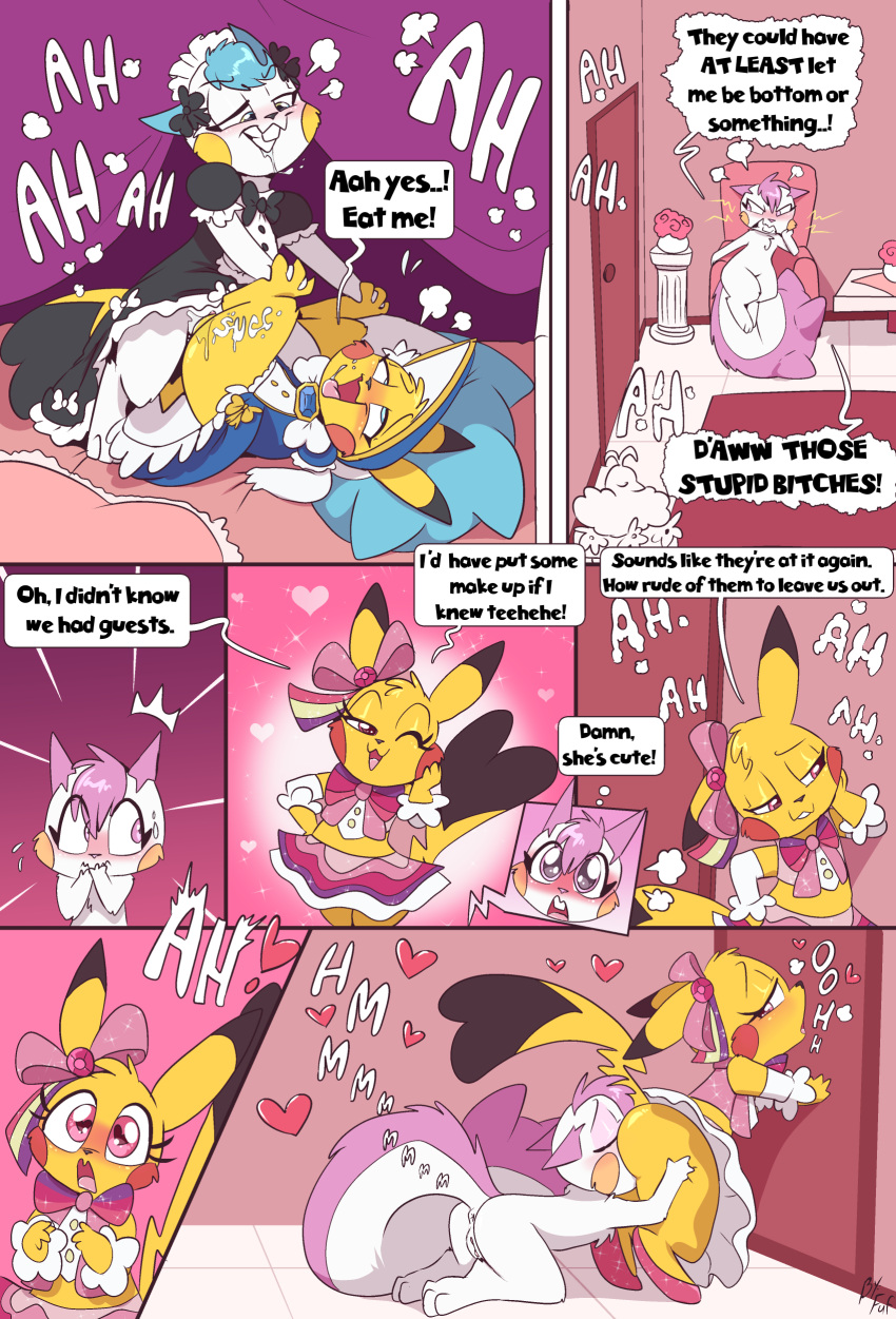 absurd_res anthro clothed clothing comic dialogue english_text female female/female fuf fur generation_1_pokemon generation_4_pokemon genitals hi_res nintendo pachirisu pikachu pokemon pokemon_(species) pussy text white_body white_fur yellow_body yellow_fur