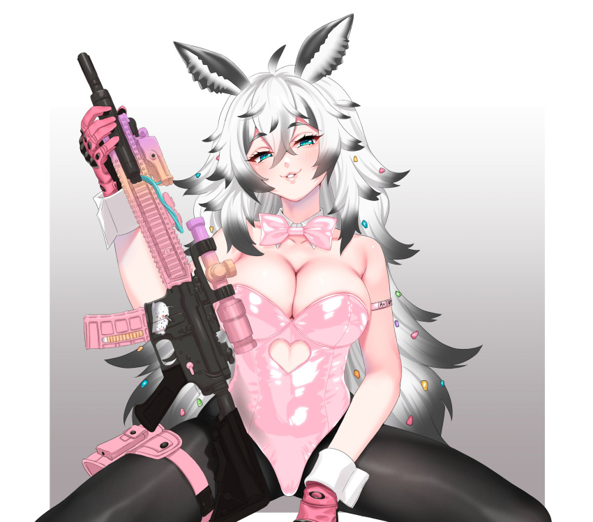 absurdres ahoge animal_ears arm_strap belt black_hair black_pantyhose blue_eyes bow bowtie breasts clothing_cutout collar colored_tips detached_collar gloves grey_hair gun hair_between_eyes hair_ornament highres holding holding_gun holding_weapon indie_virtual_youtuber large_breasts leotard long_hair mr_bowater multicolored_hair pantyhose pink_belt pink_bow pink_bowtie pink_gloves pink_leotard playboy_bunny sea_slug_girl spread_legs stomach_cutout strapless strapless_leotard thigh_belt thigh_pouch thigh_strap umi_runa_(vtuber) virtual_youtuber weapon white_collar white_wrist_cuffs