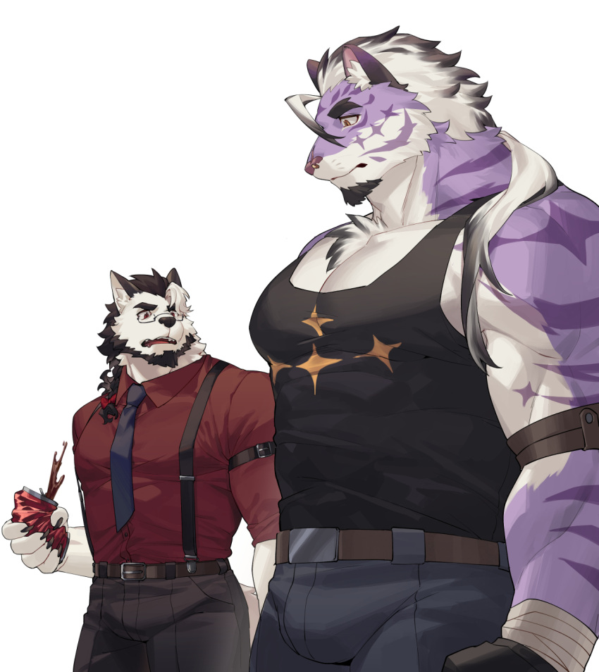 2boys animal_ears bandaged_hand bandages bara black_tank_top breast_envy bulge chest_tuft commission destroycode diamond_(shape) facial_hair forked_eyebrows front_ponytail furry furry_male goatee highres large_pectorals long_hair looking_at_another looking_at_pectorals looking_down male_focus meme multicolored_hair multiple_boys muscle_envy muscular muscular_male necktie original pectoral_cleavage pectoral_envy_(meme) pectorals ponytail purple_fur sadiend streaked_hair suspenders tank_top thick_eyebrows thick_thighs thighs tiger_boy tiger_ears white_hair yaoi yellow_eyes
