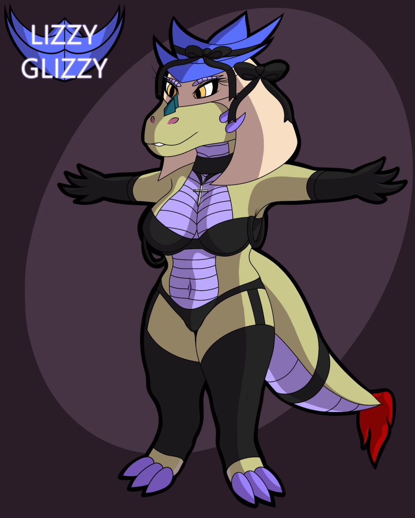 2021 anthro biped black_clothing bra breasts claws clothing dragon english_text eyelashes female furgonomics gloves handwear hi_res juna_june_(lizzyglizzy) leggings legwear lingerie lizzyglizzy purple_body purple_claws purple_scales purple_spikes scales scalie smile solo spikes spikes_(anatomy) t-pose tail tail_clothing tan_body tan_scales text underwear yellow_eyes