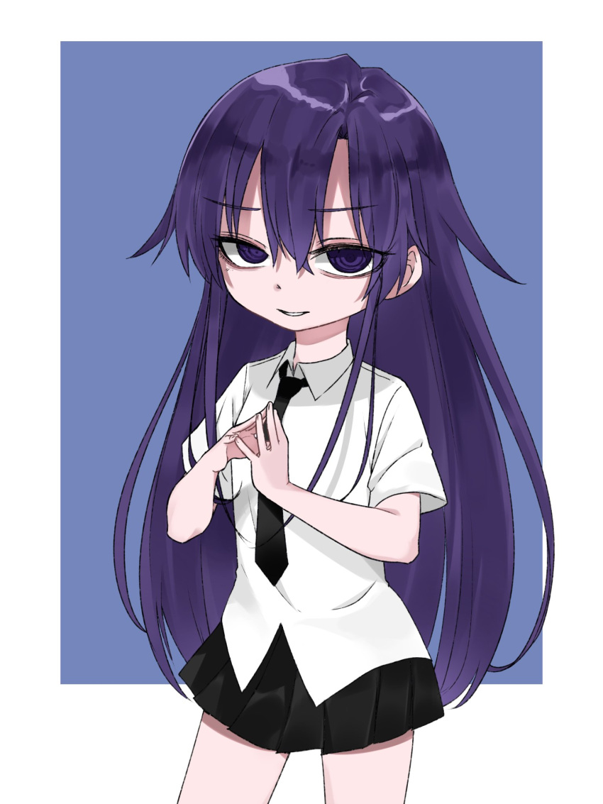 1girl black_necktie blue_background fusuma_(suwaru_boom) goshiki_agiri highres kill_me_baby long_hair necktie purple_eyes purple_hair school_uniform shirt short_sleeves skirt solo