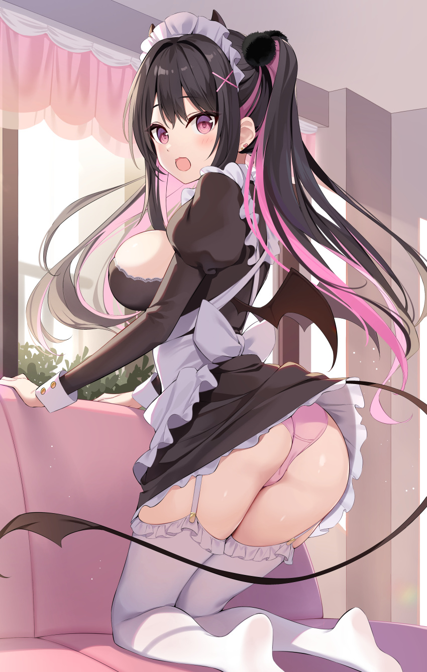 1girl absurdres apron ass black_dress black_hair breasts demon_girl demon_horns demon_tail dress frilled_dress frilled_thighhighs frills garter_straps highres horns juliet_sleeves kneeling large_breasts long_sleeves looking_back maid maid_apron maid_headdress multicolored_hair no_shoes open_mouth original oryo_(oryo04) panties pink_eyes pink_panties puffy_sleeves short_dress sideboob sidelocks solo streaked_hair tail thighhighs thighs twintails two-tone_hair underwear white_thighhighs