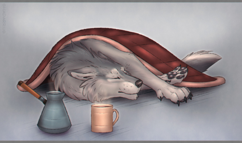 bedding beverage black_claws black_nose black_pawpads blanket canid canine canis claws coffee feral grey_background grey_inner_ear_fluff inner_ear_fluff lying male mammal mug pawpads shadarrius simple_background sleeping solo tail tuft wolf