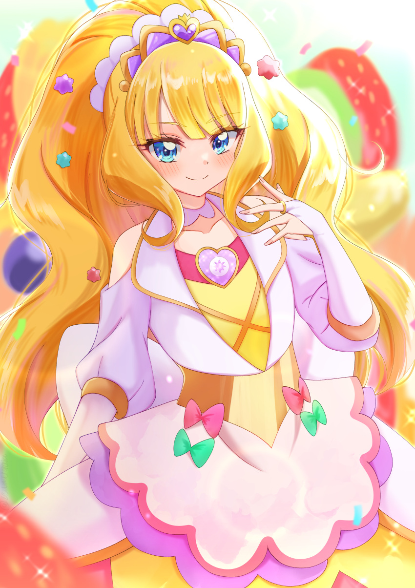 1girl absurdres arm_behind_back blonde_hair blue_eyes blueberry blunt_bangs blurry blurry_foreground blush bridal_gauntlets brooch candy_hair_ornament choker closed_mouth clothing_cutout cowboy_shot cure_finale delicious_party_precure depth_of_field dress food food-themed_hair_ornament fruit gloves hair_ornament heart heart_brooch highres jewelry long_hair looking_at_viewer magical_girl precure shoulder_cutout smile solo sparkle standing strawberry sugimura_mickey tiara white_dress white_gloves