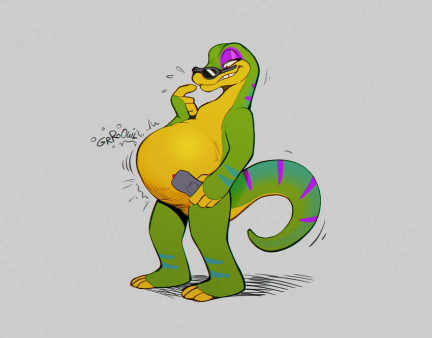 2023 abdominal_bulge after_vore anthro belly big_belly blue_body blue_scales controller countershade_tail countershade_torso countershading digestion_noises duo eyewear fingerless_(marking) flash_emanata gecko gex_(series) gex_the_gecko green_body green_scales grey_background hi_res holding_object lizard male markings motion_lines remote_control reptile rumbling_stomach scales scalie shadow simple_background sound_effects stalvelle standing striped_markings striped_tail stripes sunglasses sweatdrop_(iconography) tail tail_markings teeth_showing toeless_(marking) vore yellow_body yellow_scales