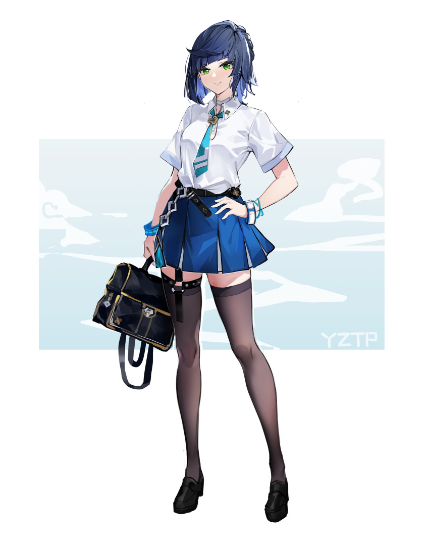 1girl absurdres alternate_costume artist_name belt black_footwear black_thighhighs blue_hair blue_necktie blue_skirt blunt_bangs bracelet commentary diagonal_bangs full_body genshin_impact green_eyes hand_on_own_hip highres jewelry loafers necktie pleated_skirt shirt shirt_tucked_in shoes short_hair short_sleeves skirt smile solo standing thighhighs white_shirt yelan_(genshin_impact) yztp_(sanmery)