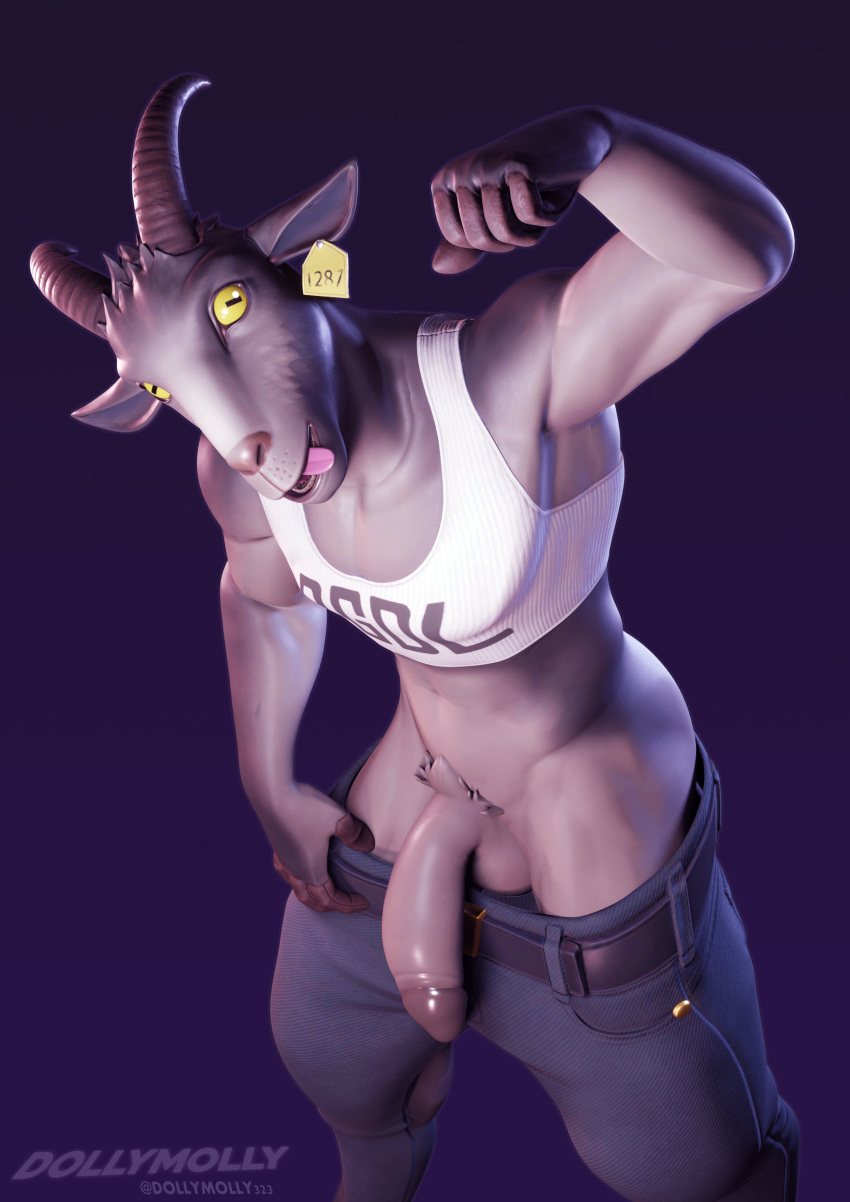 2022 3d_(artwork) absurd_res anthro bottomwear bottomwear_down bovid bovid_horn caprine caprine_horn clothed clothing crop_top crossgender digital_media_(artwork) dollymolly323 epic_games flexing fortnite genitals goat goat_horn goat_simulator hi_res high-angle_view horn long_penis looking_at_viewer male mammal muscular muscular_male pants pants_down partially_clothed penis pilgor_(goat_simulator) pose pupils shirt simple_background slit_pupils solo standing tongue tongue_out topwear