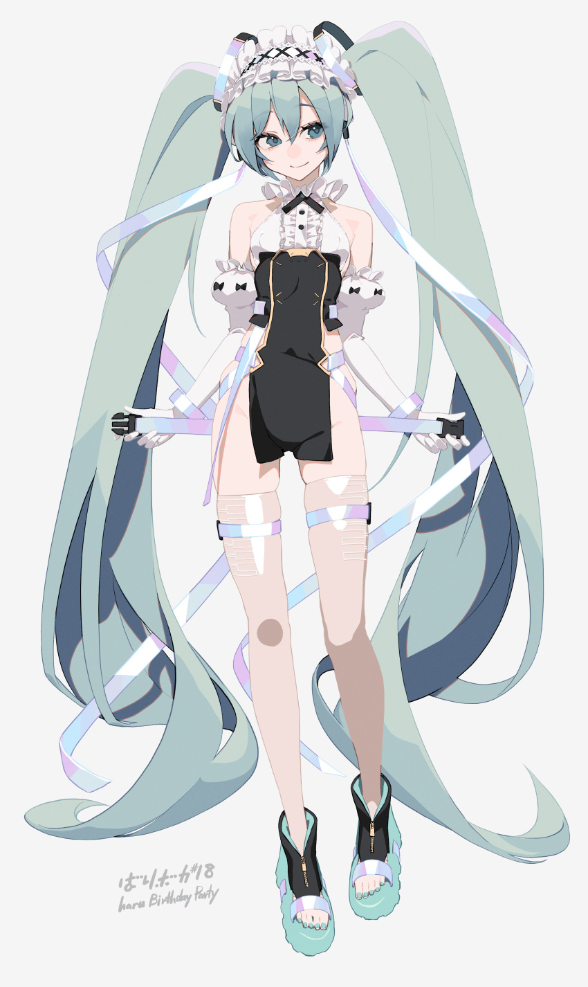 1girl absurdly_long_hair absurdres alternate_costume aqua_eyes aqua_footwear aqua_hair aqua_nails artist_name bare_shoulders belt black_bow black_dress black_footwear blue_belt boots bow breasts center_frills closed_mouth detached_sleeves dress elbow_gloves english_text eyebrows_hidden_by_hair frilled_hairband frilled_sleeves frills full_body gloves grey_background groin hair_between_eyes hair_ornament hairband hatsune_miku headdress highres holding holding_microphone long_hair looking_at_viewer maid_headdress microphone multicolored_belt multicolored_footwear nail_polish no_panties pelvic_curtain platform_footwear puffy_sleeves purple_belt ribbon rsk_(tbhono) sandals see-through side_slit sidelocks simple_background skindentation sleeveless sleeveless_dress small_breasts smile standing thigh_strap thighhighs toeless_footwear toeless_legwear toenail_polish toenails twintails very_long_hair vocaloid white_background white_gloves