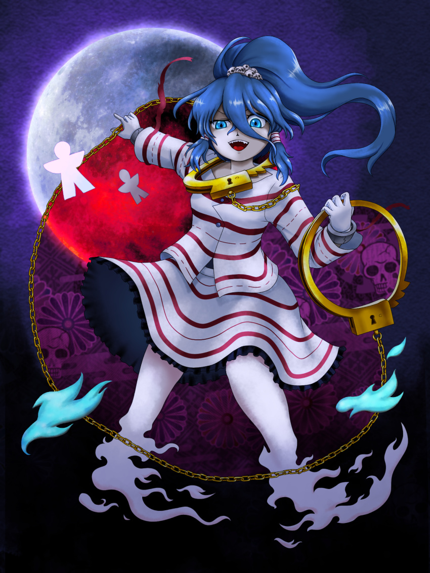 1girl blue_eyes blue_hair breasts buttons chain colored_skin cuffs frilled_skirt frills full_body full_moon ghost_tail gloves grey_skin hair_between_eyes hair_ornament hair_tubes handcuffs high_ponytail highres holding holding_handcuffs long_sleeves looking_at_viewer miyadeguchi_mizuchi moon multiple_tails open_mouth parasite_oyatsu purple_background purple_ribbon ribbon shackles sharp_teeth shikigami shirt sidelocks skirt skirt_set skull skull_hair_ornament small_breasts smile solo striped striped_shirt striped_skirt tail teeth touhou two_tails white_gloves white_shirt white_skirt