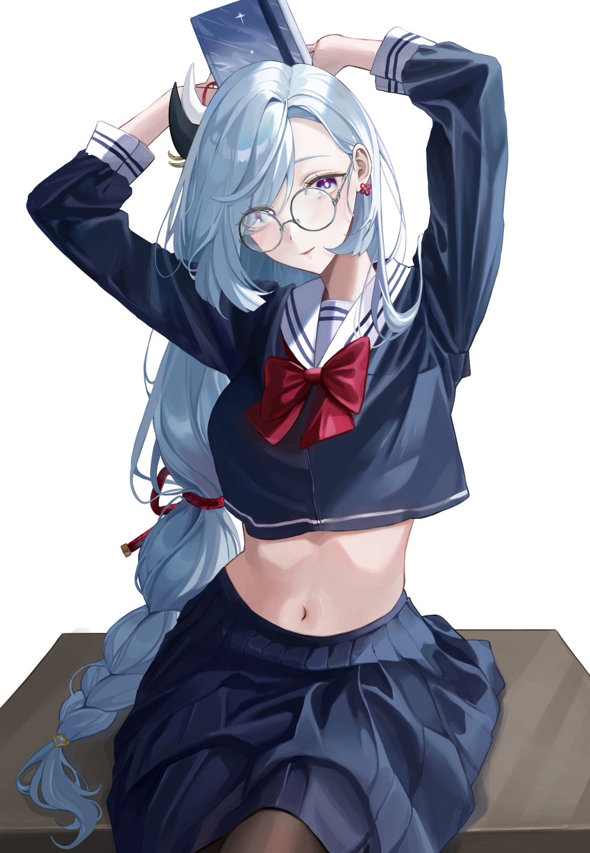 1boy absurdres black_pantyhose black_serafuku black_skirt book bow bowtie braid braided_ponytail crop_top desk earrings genshin_impact glasses highres holding holding_book jewelry light_smile long_hair looking_at_viewer navel on_desk pantyhose red_bow red_bowtie round_eyewear school_uniform serafuku shenhe_(genshin_impact) shupami sitting sitting_on_desk skirt solo stomach tassel tassel_earrings white_background white_hair