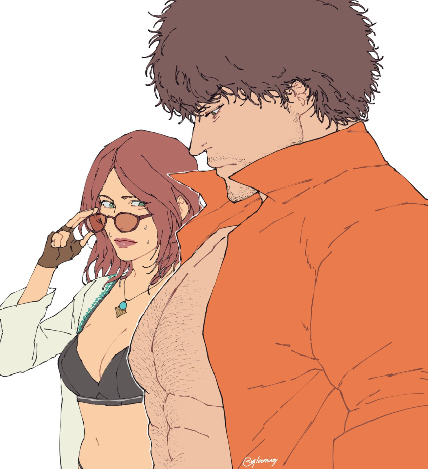 1boy 1girl abs adjusting_eyewear bare_pectorals black_hair breasts brown_gloves brown_hair chest_hair collared_shirt facial_hair fingerless_gloves from_side gloves highres jewelry kamii_(gloominny) katarina_alves large_pectorals looking_at_another looking_at_pectorals meme miguel_caballero_rojo muscular muscular_male necklace nipples orange_shirt pectoral_envy_(meme) pectoral_focus pectorals shirt short_hair sunglasses tekken tekken_7 twitter_username