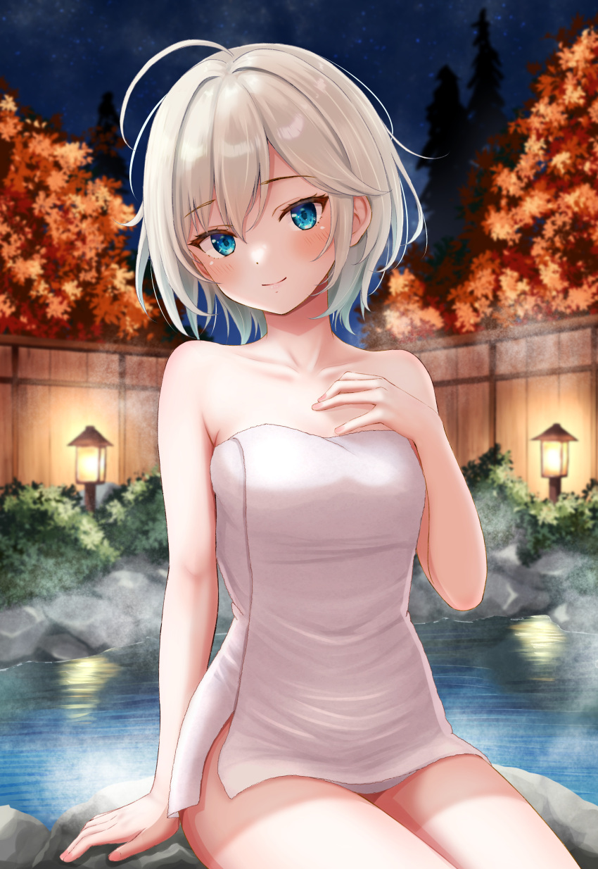 1girl absurdres ahoge anastasia_(idolmaster) arm_support bare_shoulders blue_eyes blush breasts ca_paria collarbone grey_hair highres idolmaster idolmaster_cinderella_girls looking_at_viewer maple_tree medium_breasts naked_towel onsen outdoors sitting smile solo towel tree wooden_wall