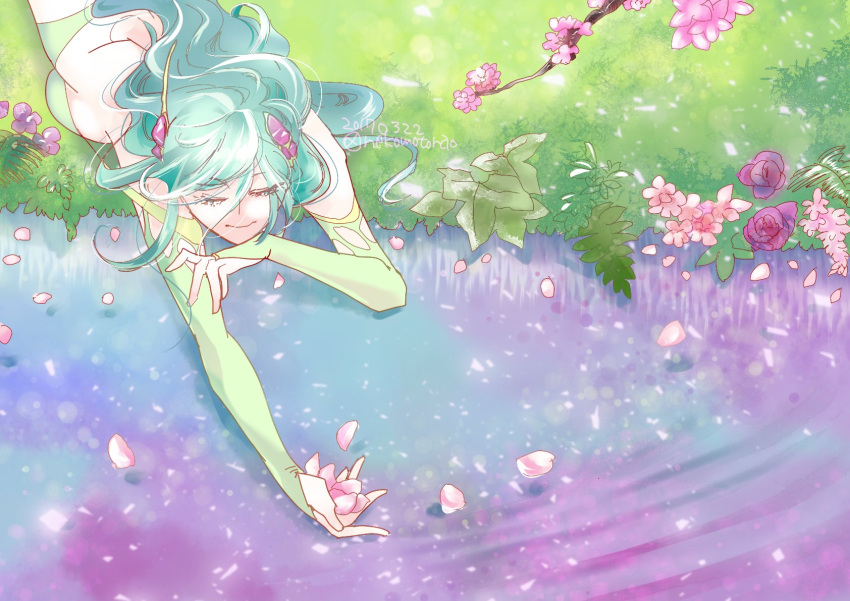 1girl aged_up branch breasts closed_mouth dated detached_sleeves final_fantasy final_fantasy_iv green_hair hair_ornament highres leaf long_hair nekomrao rydia_(ff4) smile solo water