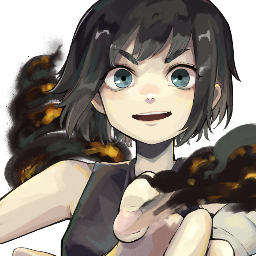 1girl black_hair blue_eyes choujin_x closed_mouth colored_smoke cropped_torso grey_eyes grey_robe highres looking_at_viewer mullet open_mouth otta_ely_(choujin_x) robe short_hair simple_background smoke smoke_trail solo thick_eyebrows upper_body white_background yuma_kahara