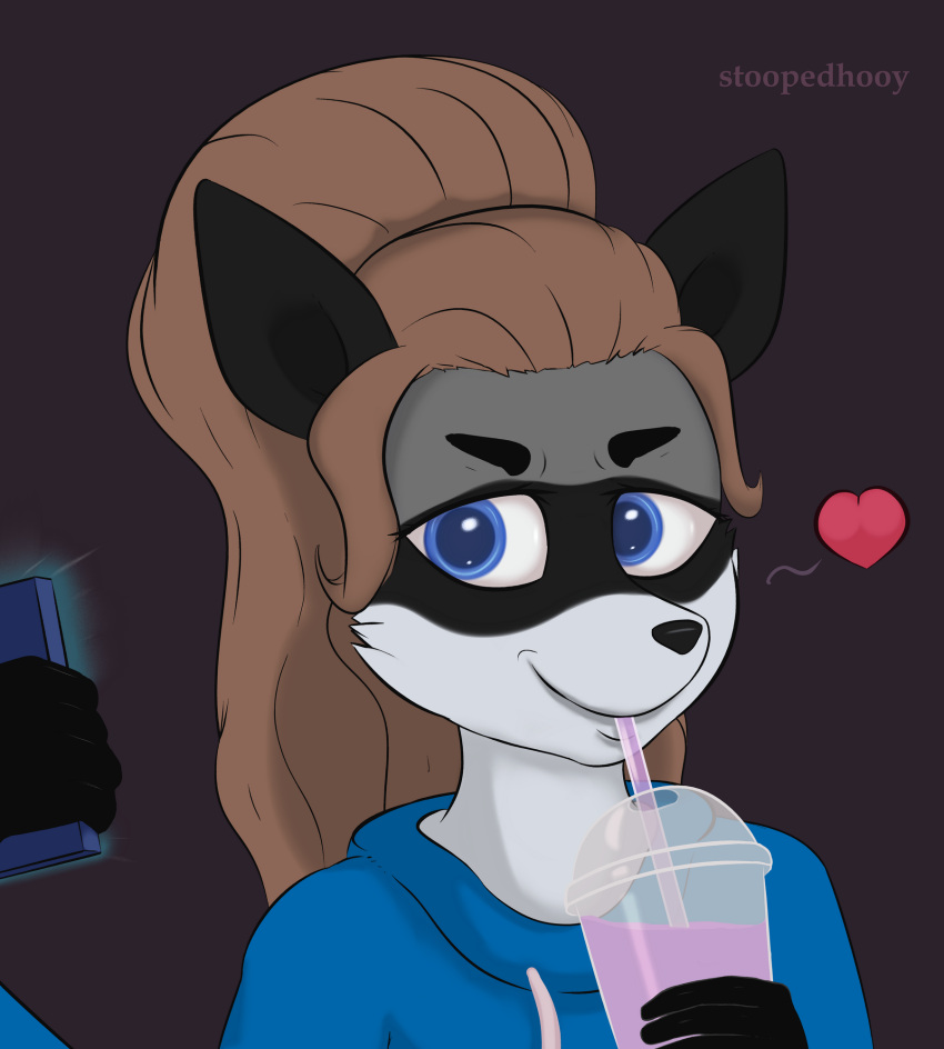 anthro beverage clothing container cup drinking fan_character grimace_birthday_shake gynomorph hi_res hoodie intersex mammal meme phone procyonid raccoon selfie smile solo stoopedhooy straw topwear