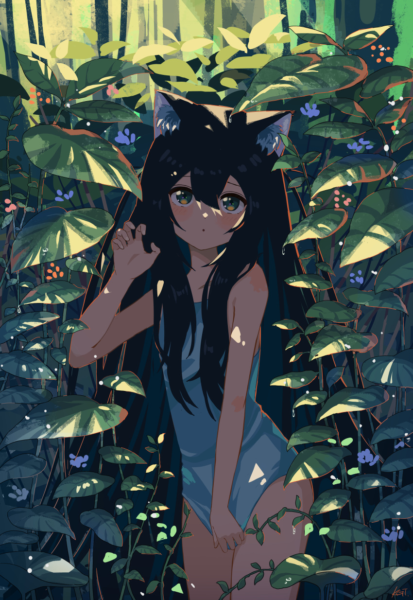 1girl absurdres animal_ear_fluff animal_ears black_hair blush bush cat_ears cat_girl commentary cowboy_shot dripping english_commentary flower grey_eyes hair_between_eyes hand_up highres kgt_(pixiv12957613) leaf long_hair looking_at_viewer nature one-piece_swimsuit original parted_lips signature solo standing swimsuit very_long_hair water water_drop white_one-piece_swimsuit