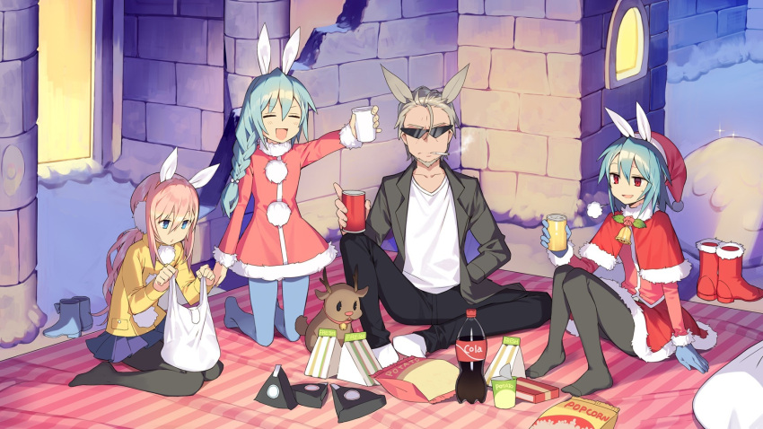 100_percent_orange_juice 1girl 3girls animal_ears arthur_(orange_juice) artist_request aru_(qp_shooting) aru_(scramble)_(orange_juice) bag bell black_pantyhose blue_eyes blue_footwear blue_gloves blue_hair blue_pantyhose blue_skirt boots braid capelet chips_(food) cigarette closed_eyes closed_mouth coca-cola collarbone dress earmuffs food fur-trimmed_capelet fur-trimmed_dress fur-trimmed_footwear fur-trimmed_headwear fur-trimmed_jacket fur-trimmed_sleeves fur_trim game_cg gloves grey_hair grey_jacket hat highres jacket kneeling long_hair milk multiple_girls neck_bell nico_(xss) non-web_source official_art orange_jacket pantyhose pink_hair pleated_skirt pom_pom_(clothes) potato_chips rabbit_boy rabbit_ears rabbit_girl red_capelet red_dress red_eyes red_footwear red_headwear red_skirt sandwich sandwiched santa_hat shirt shoes shoes_removed shopping_bag short_hair sitting skirt smoking sunglasses wariza white_shirt xmas_shooting_-_scramble!! yellow_jacket