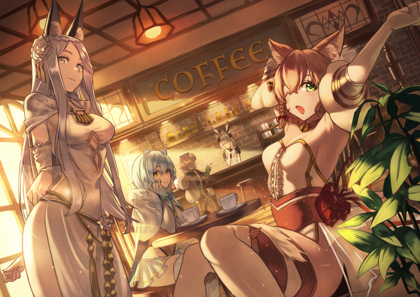 5girls ;d absurdres animal_ear_fluff animal_ears april_(pride_of_eden) armpits arms_behind_back braid brown_hair cafe cat_ears chair character_request cup dutch_angle elbows_on_table grey_hair hara_kenshi head_rest highres indoors menu_board mug multiple_girls noel_(pride_of_eden) olivia_(pride_of_eden) one_eye_closed plant red:_pride_of_eden sitting skirt smile squirrel_tail standing stool stretching sunlight table tail white_hair white_skirt yawning