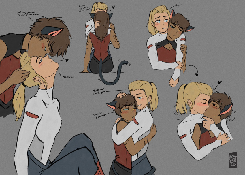 2girls adora_(she-ra) animal_ears blonde_hair blue_eyes blush catra dark-skinned_female dark_skin english_text hand_on_another's_shoulder heterochromia highres hug kiss multiple_girls nuzzle ponytail she-ra_and_the_princesses_of_power simple_background skin_tight tail yellow_eyes yuri