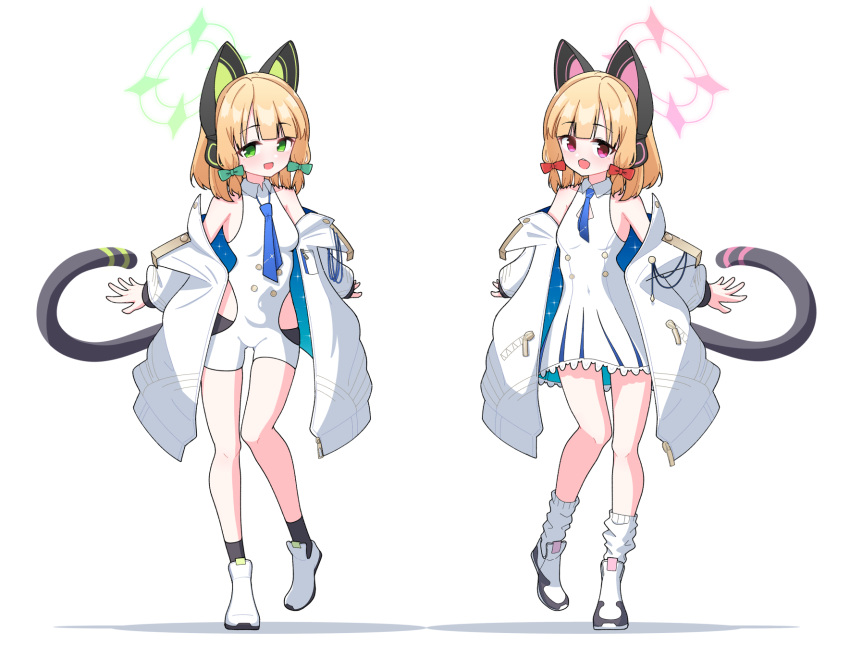 2girls 525_woiwo :d animal_ear_headphones animal_ears blonde_hair blue_archive blue_necktie bow breasts cat_ear_headphones commentary_request cosplay fake_animal_ears full_body green_bow green_halo hair_bow halo headphones highres jacket long_hair looking_at_viewer midori_(blue_archive) momoi_(blue_archive) multiple_girls necktie open_clothes open_jacket open_mouth pink_halo red_bow shoes short_hair siblings simple_background sisters small_breasts smile standing standing_on_one_leg tail twins white_background white_footwear white_jacket