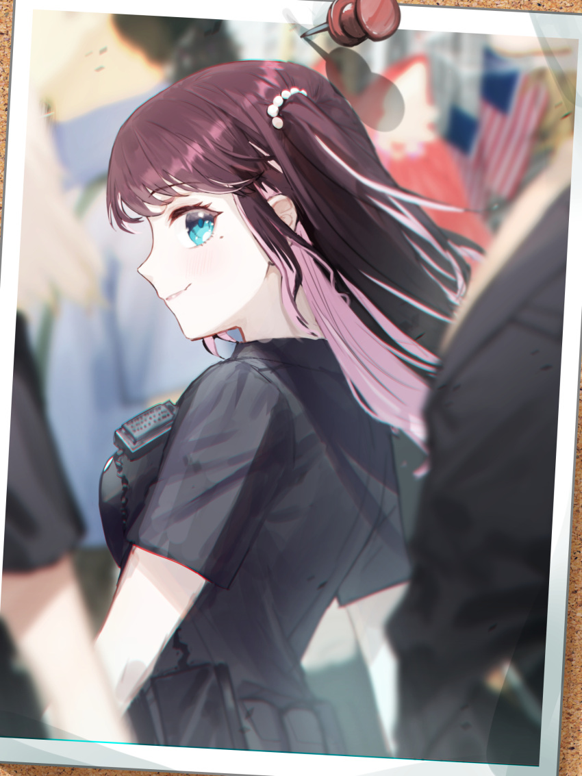 1girl absurdres american_flag aqua_eyes black_shirt blurry breasts brown_hair bulletin_board colored_inner_hair depth_of_field from_side highres kaga_nazuna long_hair looking_at_viewer lupinus_virtual_games medium_breasts mole mole_under_eye multicolored_hair photo_(object) pin pink_hair police police_uniform pushpin shirt side_ponytail smile solo_focus swept_bangs umeumeduka uniform virtual_youtuber vspo! walkie-talkie