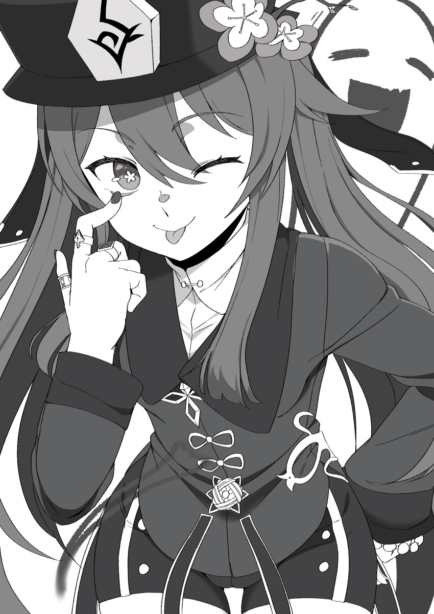 1girl ;p absurdres akanbe boo_tao_(genshin_impact) coat cowboy_shot flower genshin_impact greyscale hair_between_eyes hand_on_own_hip hat hat_flower highres hu_tao_(genshin_impact) jewelry kata_(artist) korean_commentary long_hair long_sleeves looking_at_viewer monochrome multiple_rings one_eye_closed ring shorts sketch smile solo tongue tongue_out twintails