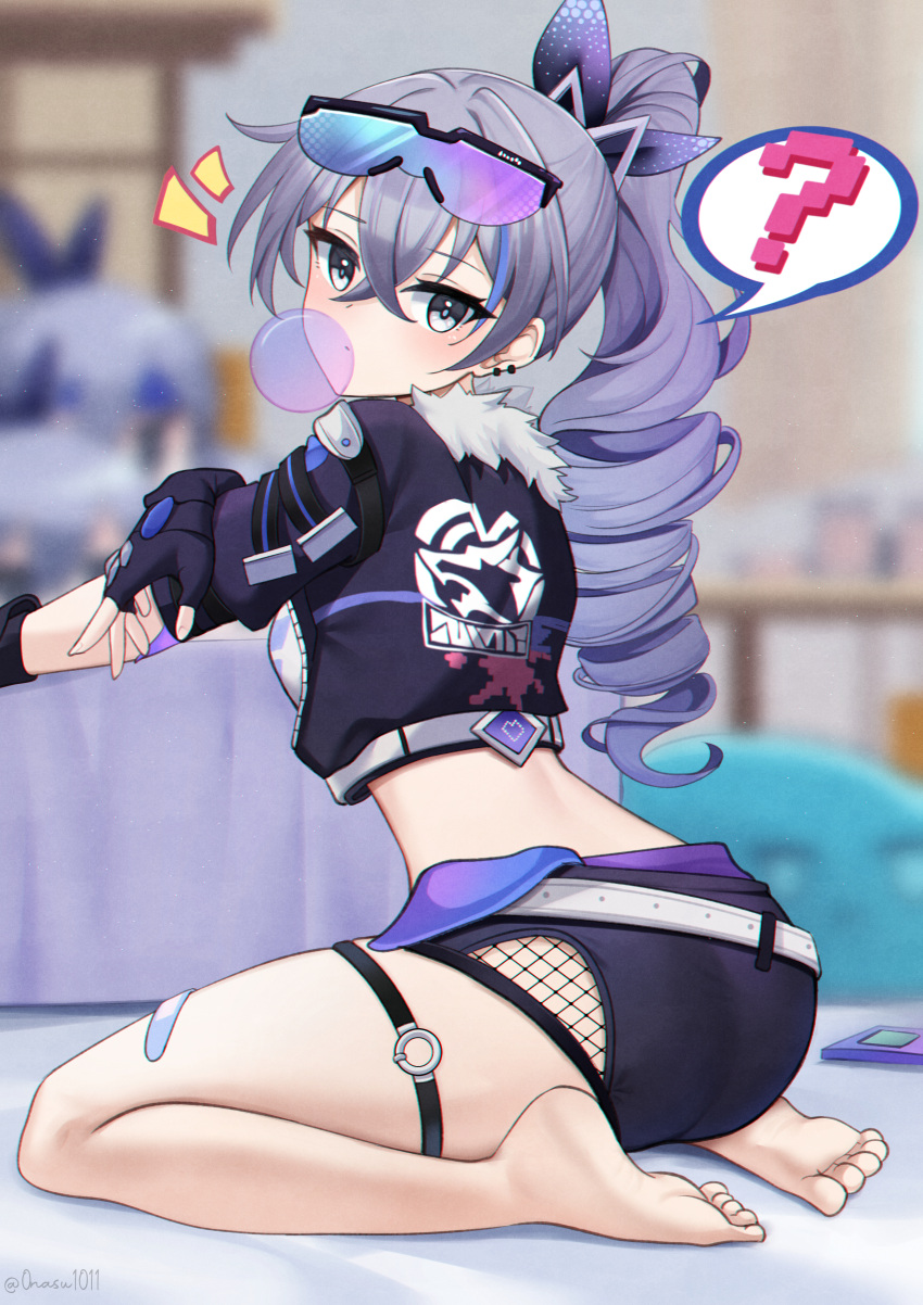 1girl ? absurdres ass bandaid bandaid_on_leg barefoot black_gloves black_jacket black_shorts blurry blurry_background chewing_gum cropped_jacket drill_hair eyewear_on_head fingerless_gloves from_side gloves grey_eyes highres honkai:_star_rail honkai_(series) jacket leaning_forward long_hair looking_at_viewer nassss ponytail purple_hair short_shorts shorts silver_wolf_(honkai:_star_rail) sitting solo spoken_question_mark sunglasses thigh_strap thighs wariza