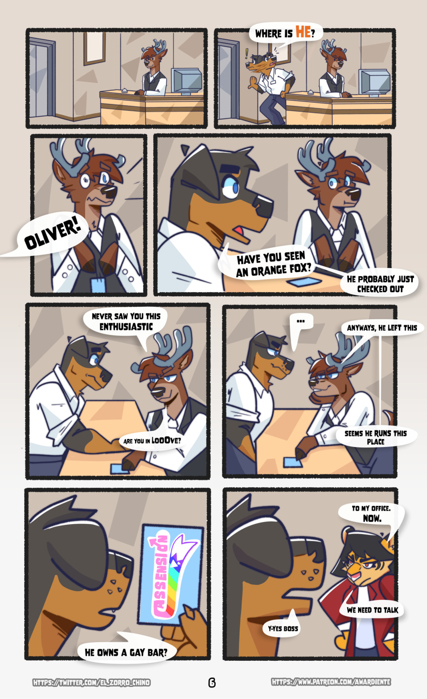 absurd_res anthro awardiente canid canine canis card comic deer domestic_dog elevator felid female hi_res hotel jaguar kahlua_caribou male mammal mastiff molosser pantherine reception_desk receptionist rottweiler zorro_chino