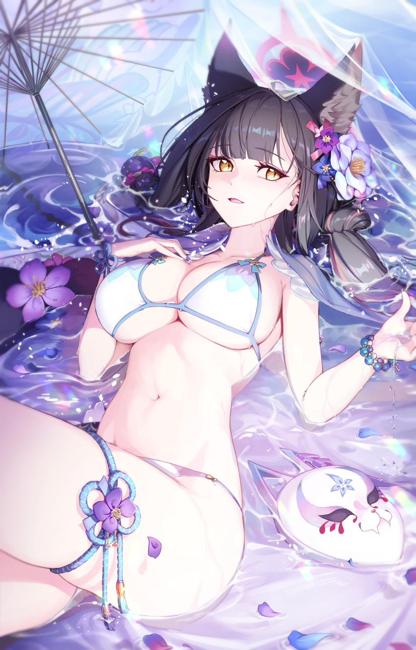 1girl absurdres animal_ears bead_bracelet beads bikini blue_archive bracelet breasts flower fox_ears fox_girl fox_mask hair_flower hair_ornament highres jewelry large_breasts long_hair lying mask mask_removed navel on_back penguin_say petals petals_on_liquid pink_flower purple_flower solo stomach swimsuit thigh_strap thighs umbrella very_long_hair wakamo_(blue_archive) wakamo_(swimsuit)_(blue_archive) water wet white_bikini yellow_eyes