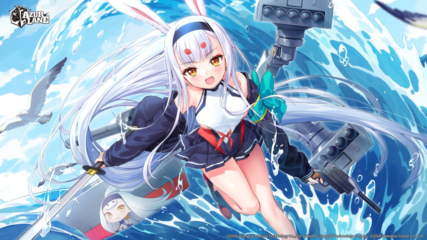1girl animal_ears azur_lane bare_shoulders bird blue_sky blush cloud cloudy_sky commentary company_connection company_name copyright_name day hairband highres holding holding_sword holding_weapon jacket leaning_forward leg_up logo long_sleeves looking_at_viewer machinery ocean off_shoulder official_art open_clothes open_jacket open_mouth outdoors pleated_skirt rabbit_ears seagull shimakaze_(azur_lane) shiny_skin silveroid simple_background skirt sky smile sword torpedo_launcher trigger_discipline water water_drop weapon white_hair yellow_eyes