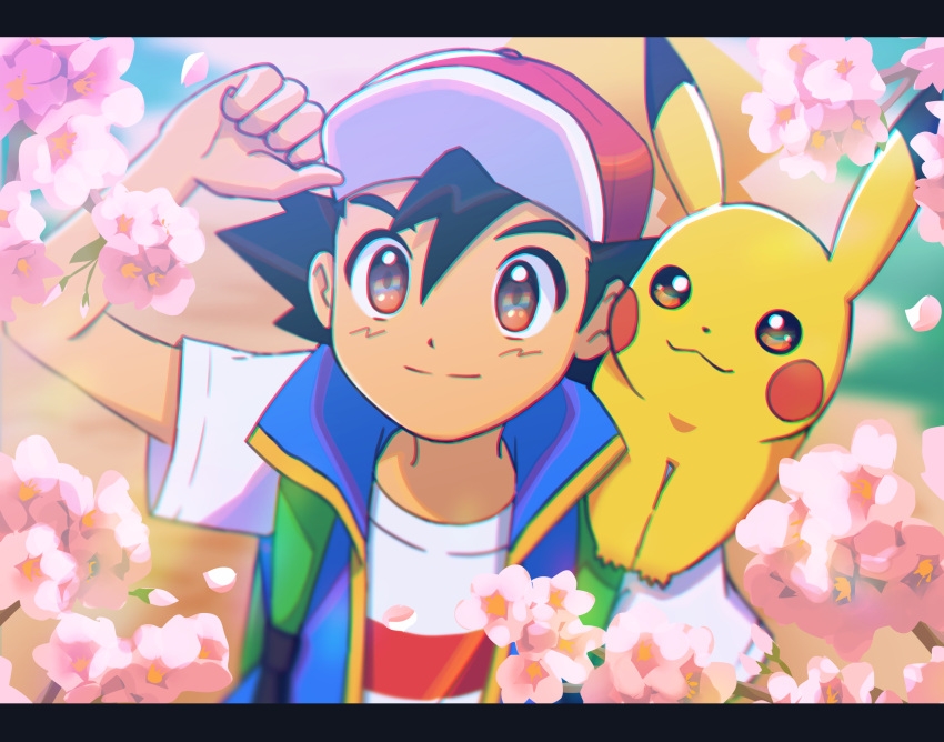 1boy arm_up ash_ketchum backpack bag black_hair blue_jacket brown_eyes cherry_blossoms closed_mouth commentary_request day fuwamoko_momen_toufu green_bag hair_between_eyes hat highres jacket male_focus outdoors pikachu pokemon pokemon_(anime) pokemon_(creature) pokemon_journeys red_headwear shirt short_hair short_sleeves sleeveless sleeveless_jacket smile t-shirt white_shirt