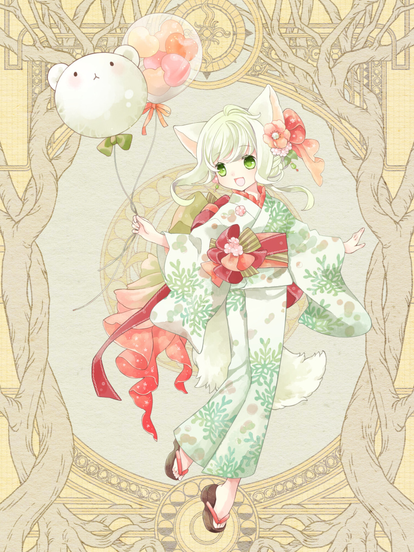 1girl :d animal_balloon animal_ears balloon chiroru_candybell dairoku_ryouhei flower full_body green_eyes hair_flower hair_ornament highres holding holding_balloon japanese_clothes kimono kotori_popo medium_hair sandals simple_background smile solo standing tail white_kimono wide_sleeves yellow_background