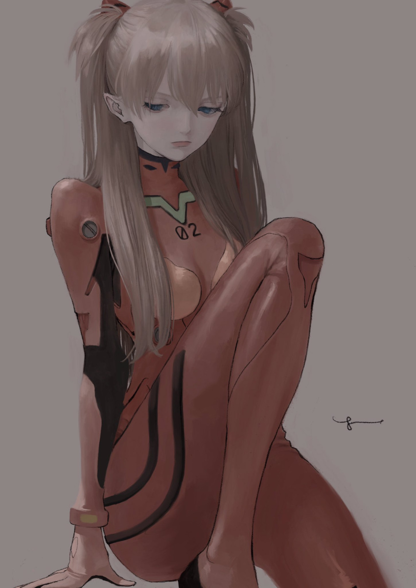 12yun30 1girl blue_eyes bodysuit breasts commentary expressionless frown grey_background highres interface_headset knee_up light_brown_hair long_hair looking_down neon_genesis_evangelion pilot_suit plugsuit rebuild_of_evangelion red_bodysuit simple_background sitting small_breasts solo souryuu_asuka_langley two_side_up