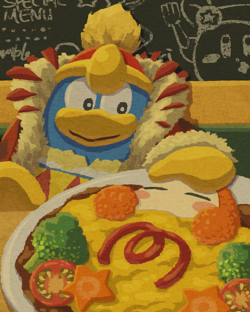 broccoli carrot_slice chalkboard cherry_tomato closed_eyes closed_mouth coat curry food foodification fur-trimmed_coat fur_trim highres indoors king_dedede kirby kirby_(series) kirby_cafe miclot no_humans omelet omurice plate red_coat red_headwear smile tomato waddle_dee