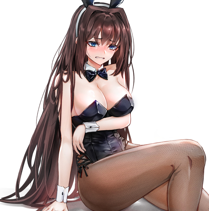 1girl animal_ears aozaki_aoko black_hair blue_eyes blush breasts cleavage eyebrows_hidden_by_hair fake_animal_ears fishnet_pantyhose fishnets highres large_breasts long_hair looking_at_viewer mahou_tsukai_no_yoru open_mouth pantyhose playboy_bunny rabbit_ears simple_background sitting solo umeo_(pixiv51103813) wariza white_background wrist_cuffs