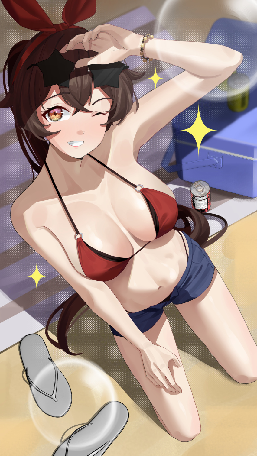 1girl absurdres amber_(genshin_impact) arm_up bangs beach_towel bead_bracelet beads bikini blue_shorts bow bracelet breasts brown_hair can cooler crossed_bangs eyewear_on_head from_above genshin_impact grin haerge hair_bow highres jewelry kneeling looking_at_viewer medium_breasts navel one_eye_closed open_fly red_bikini red_bow sand sandals sandals_removed short_shorts shorts smile solo sparkle star-shaped_eyewear stomach strap_gap sunglasses swimsuit teeth thighs towel yellow_eyes
