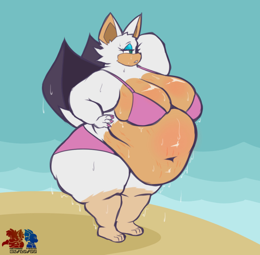 anthro bat belly big_belly big_breasts bikini bodily_fluids breasts clothing eyelashes eyeshadow female fur green_eyes makeup mammal navel obese obese_anthro obese_female outside overweight overweight_anthro overweight_female rouge_the_bat sega solo sonic_the_hedgehog_(series) stretch_marks sweat swimwear thefoxbro wet white_body white_fur wings