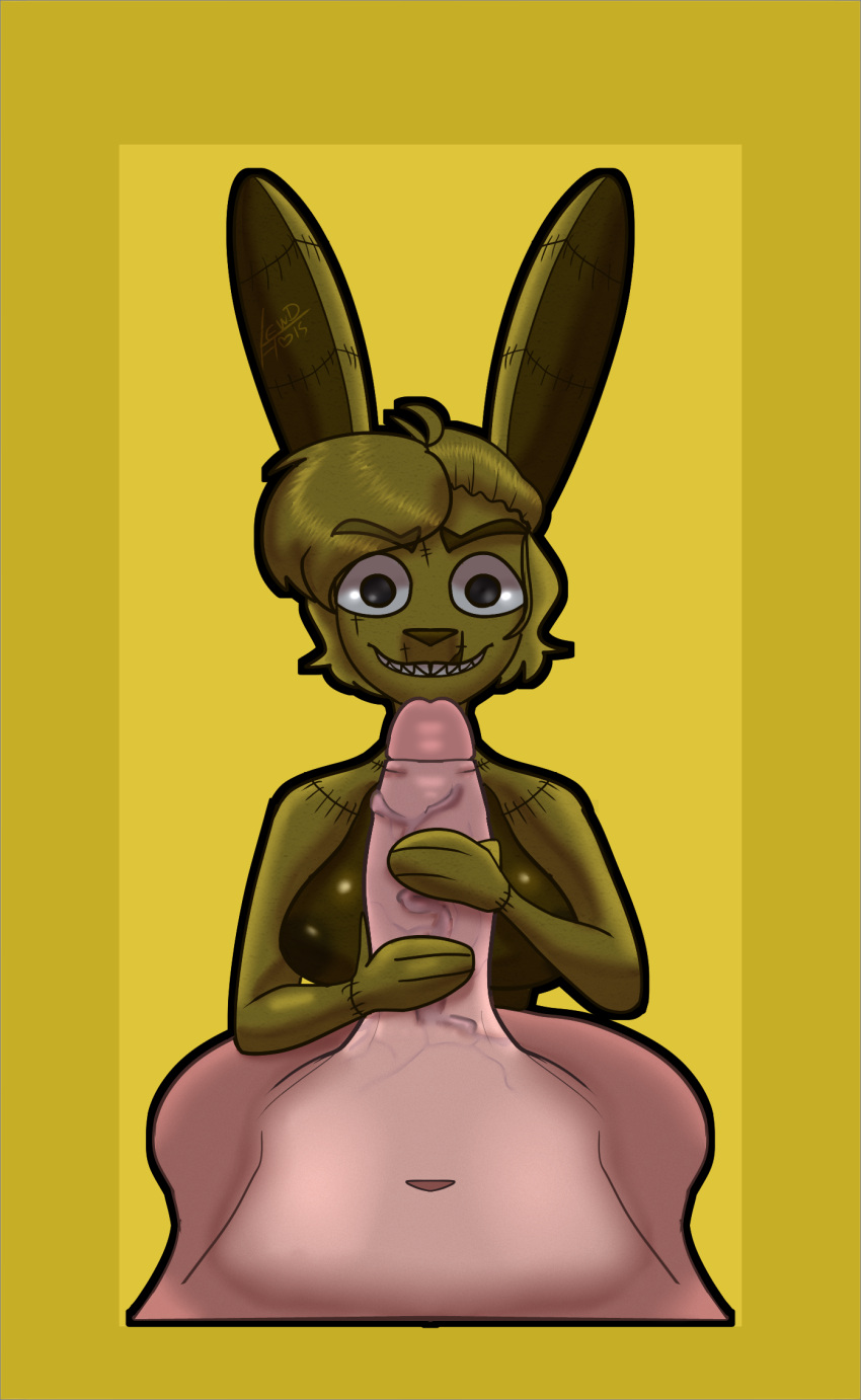 ahoge anthro areola black_eyes breasts brown_areola brown_body brown_fur brown_nipples crossgender duo eyebrow_through_hair eyebrows female first_person_view five_nights_at_freddy's five_nights_at_freddy's_4 fur genitals green_body green_fur green_hair hair handjob hi_res human lagomorph leporid lewdabis looking_at_viewer male male/female mammal nipples penile penis plushtrap_(fnaf) pov_handjob rabbit scottgames seam_(sewing) sex simple_background size_difference smaller_female smile stitch_(sewing) translucent translucent_hair vein veiny_penis yellow_background