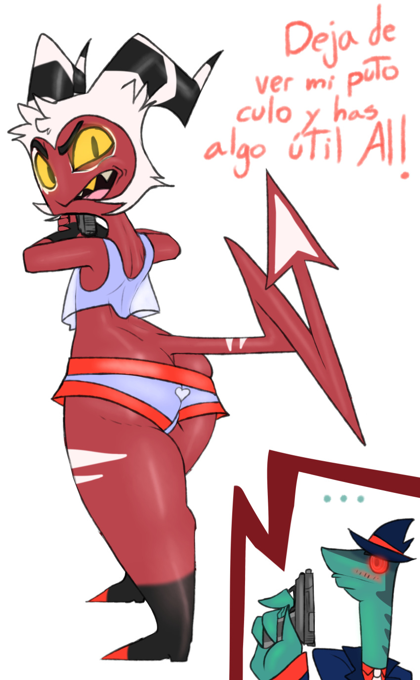 2023 4k absurd_res anthro back_bulge big_butt black_pupils blush bottomwear bubble_butt butt clothed clothing crimson_(helluva_boss) crop_top demon demon_humanoid dialogue digital_drawing_(artwork) digital_media_(artwork) ellipsis fingerless_gloves fingers fish galo gloves gold_(metal) gold_tooth gun hair handwear hat headgear headwear helluva_boss hi_res horn horned_humanoid hotpants humanoid imp long_neck long_tail looking_back male marine mature_male midriff multicolored_body multicolored_scales open_mouth pupils ranged_weapon red_body red_eyes red_skin scales shark sharp_teeth shirt short_hair shorts simple_background skimpy solo spade_tail spanish_text tail teal_body teal_scales teeth text thick_thighs topwear two_tone_body two_tone_scales weapon white_hair wide_hips yellow_sclera