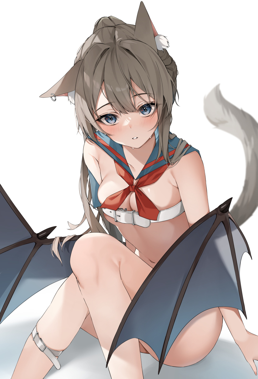 1girl absurdres animal_ear_fluff animal_ears armpit_crease awaki224 bangs bat_wings belt belt_bra blue_eyes blue_sailor_collar blush bottomless breasts brown_hair cleavage demon_girl demon_wings ear_piercing feet_out_of_frame highres knees_together_feet_apart leg_belt long_hair medium_breasts navel neckerchief original parted_lips piercing ponytail red_neckerchief sailor_collar school_uniform serafuku sidelocks simple_background sitting stomach tail thighs wet white_background white_belt wings