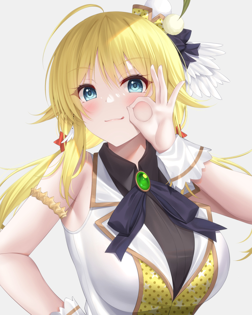 1girl :q ahoge bare_shoulders black_bow black_shirt blonde_hair blue_eyes blush bow breasts brooch closed_mouth collared_shirt commentary_request dress_shirt grey_background hachimiya_meguru hair_between_eyes hand_on_own_hip hand_up highres idolmaster idolmaster_shiny_colors jewelry long_hair low_twintails medium_breasts ok_sign shirt simple_background sleeveless sleeveless_shirt smile solo tongue tongue_out twintails upper_body very_long_hair vest white_vest wrist_cuffs yunagi_amane