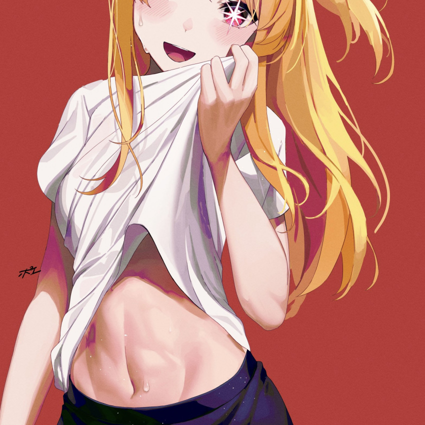1girl blonde_hair blush commentary head_out_of_frame highres hoshino_ruby lifted_by_self light_particles long_hair looking_at_viewer navel not_forever2w one_side_up open_mouth oshi_no_ko pink_eyes red_background shirt sidelocks signature smile solo star-shaped_pupils star_(symbol) sweat symbol-only_commentary symbol-shaped_pupils teeth upper_teeth_only white_shirt wiping_sweat