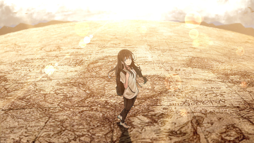 1girl absurdres backpack bag black_eyes black_hair black_pants blush closed_mouth cloud cloudy_sky commentary_request from_side globe hair_between_eyes hand_up highres landscape lens_flare long_hair looking_at_viewer morning mountainous_horizon oka_kojiro original pants scenery shirt shoes short_sleeves sidelocks sky smile sneakers solo standing_on_object sun sunrise t-shirt walking white_footwear white_shirt wide_shot