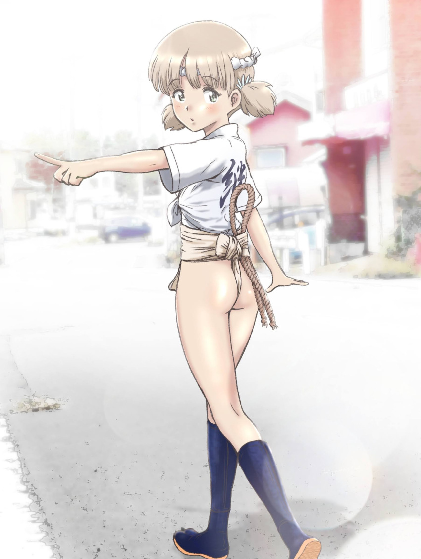 1girl absurdres aki_(girls_und_panzer) ass blonde_hair blush fundoshi girls_und_panzer green_eyes highres hiyama_yuu_(wee259hiyama) japanese_clothes looking_at_viewer open_mouth outdoors pointing short_hair solo twintails yamakasa