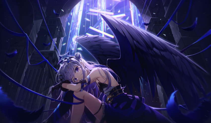 1girl amane_kanata amane_kanata_(another_world) black_dress black_gloves black_wings blue_ribbon breasts commentary commentary_typo crossed_arms crystal dress english_commentary feathered_wings gloves grey_hair hair_bun halo highres hololive hugging_own_legs indoors long_hair looking_at_viewer purple_dress purple_eyes ribbon sideboob sidelocks small_breasts smile solo star-ring virtual_youtuber wings