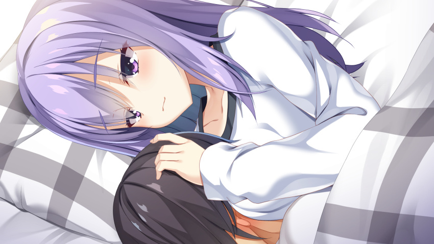 1boy 1girl aria. arihara_satoru between_breasts black_hair blush breasts closed_mouth collarbone commentary_request ear_blush eyelashes eyes_visible_through_hair hair_between_eyes hand_up head_between_breasts head_on_pillow headpat hetero highres hug ise_kotori light_purple_hair light_smile long_hair long_sleeves looking_at_another lying on_back on_side paid_reward_available pajamas purple_eyes riddle_joker short_hair sidelocks solo_focus under_covers upper_body variant_set white_pajamas