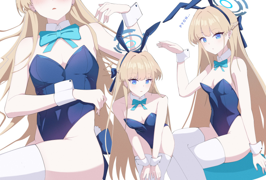 1girl absurdres animal_ears bare_shoulders blue_archive blue_eyes blue_halo blue_leotard blunt_bangs braid closed_mouth collar detached_collar halo highres hikkio leotard looking_at_viewer multiple_views rabbit_ears toki_(blue_archive) toki_(bunny)_(blue_archive) white_collar white_wrist_cuffs