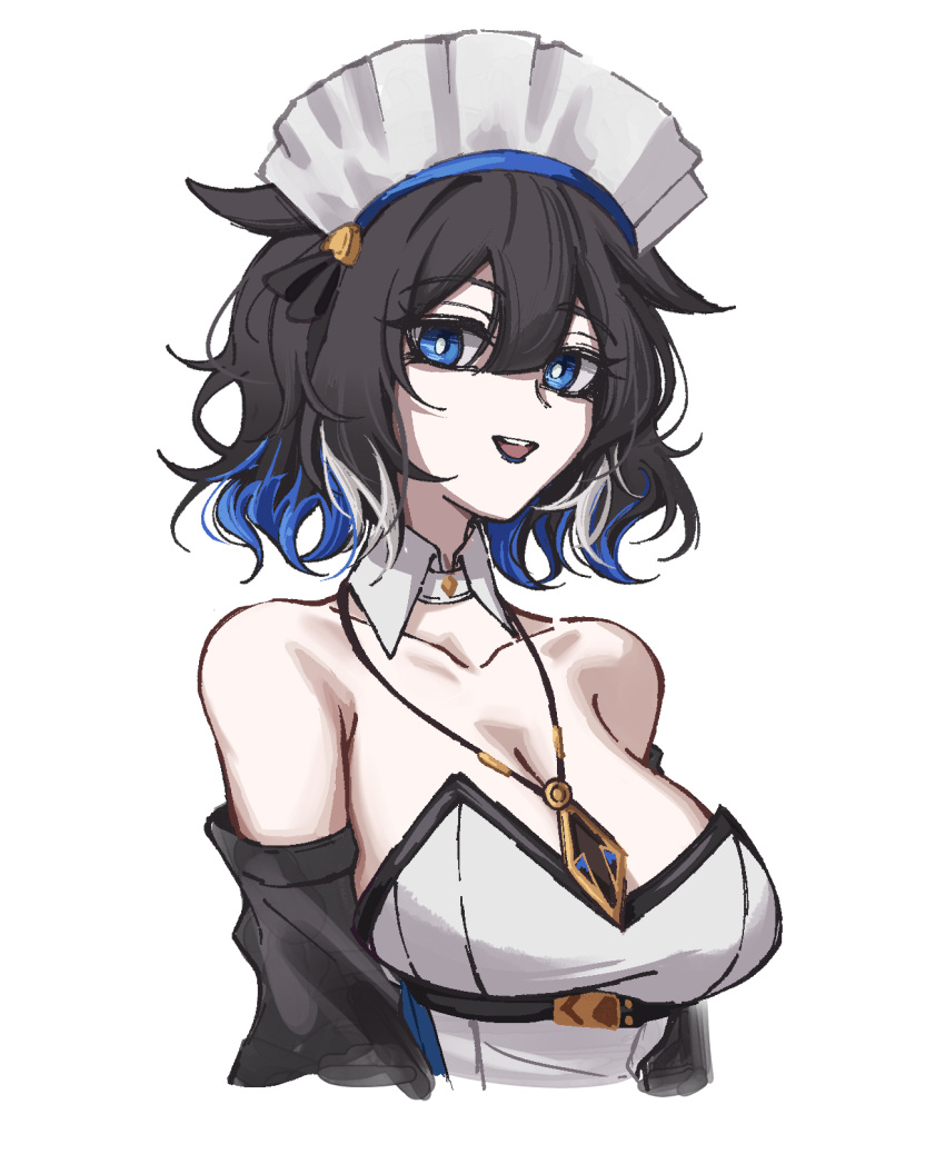 1girl animal_ears arknights black_hair black_sleeves blue_eyes blue_hair breasts bright_pupils cleavage collar colored_tips detached_collar detached_sleeves dress hair_between_eyes highres jewelry kjera_(arknights) kjera_(ingenious_servant)_(arknights) large_breasts looking_at_viewer maid multicolored_hair necklace official_alternate_costume open_mouth petra_(jgc845601) short_hair simple_background solo strapless strapless_dress upper_body white_background white_collar white_pupils