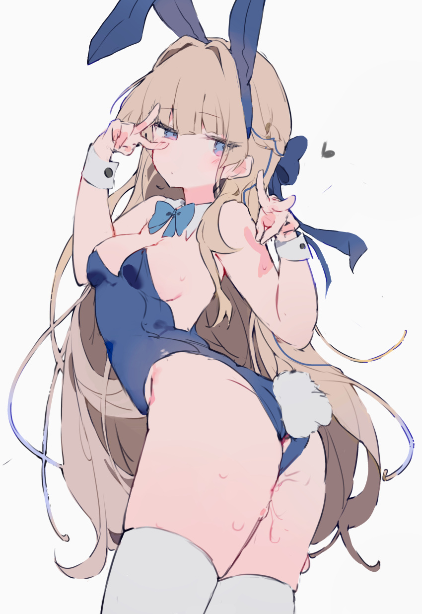 1girl absurdres animal_ears ass blonde_hair blue_archive blue_eyes blue_leotard blue_ribbon blunt_bangs blush breasts double_v fake_animal_ears fake_tail grey_background hair_ribbon highres leotard long_hair looking_at_viewer medium_breasts o_(jshn3457) official_alternate_costume pussy_juice rabbit_ears rabbit_tail ribbon simple_background solo tail thighhighs toki_(blue_archive) toki_(bunny)_(blue_archive) v white_thighhighs